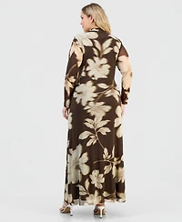 Anne Klein Plus Printed Twist-Front Long-Sleeve Mesh Maxi Dress