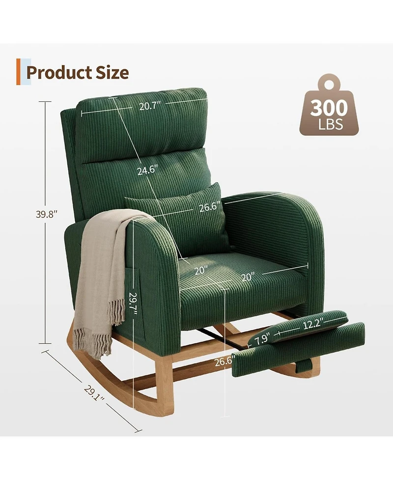 gaomon Corduroy Rocking Chair with Footrest,Modern Nursery Glider Chair with Side Pockets and Pillow,Rocker Chair for Living Room Bedroom Nursing Room