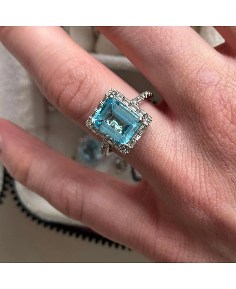 Suzy Levian New York Sterling Silver Emerald Cut Topaz Halo Ring