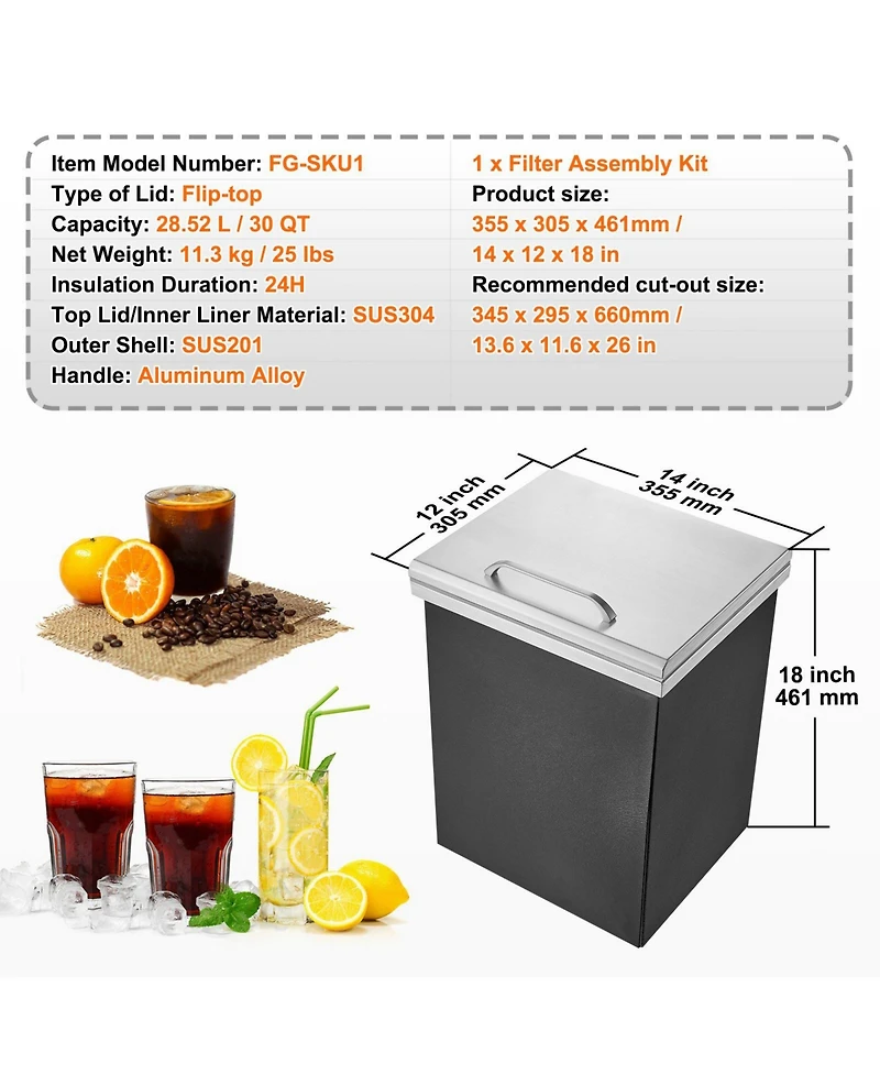 Mecale 14 x 12 x 18 Inch Drop-In Stainless Steel Ice Chest, 40 Qt with Hinged Lid