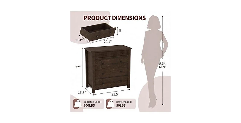 gaomon 3 Drawer Dresser, Modern Fluted Nightstand, Wooden Chest of Drawers, Storage End Table Organizer