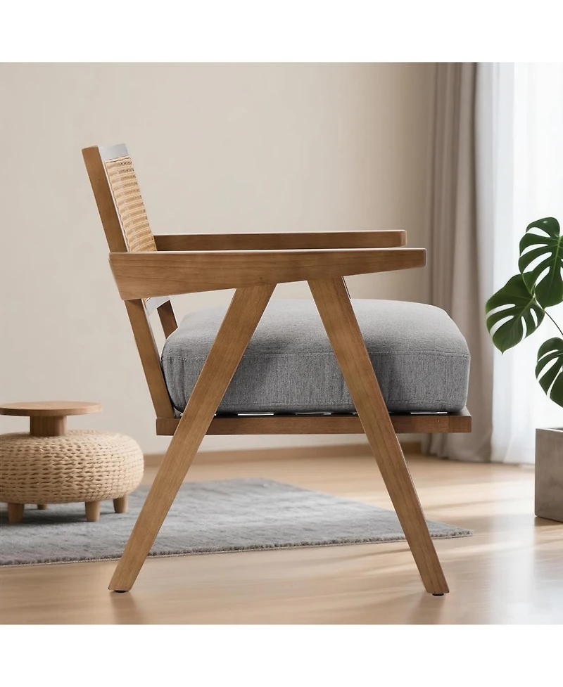 gaomon Mid-Century Farmhouse Accent Chair - Wood Armchair with Rattan Backrest and Linen Cushion for Living Room, Bedroom - Easy Assembly