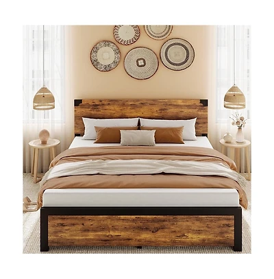 gaomon Full Platform Bed Frame with Wood Headboard, Rustic Metal, Noise Free, Underbed Storage, No Box Spring, Easy Assembly