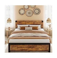 gaomon Full Platform Bed Frame with Wood Headboard, Rustic Metal, Noise Free, Underbed Storage, No Box Spring, Easy Assembly