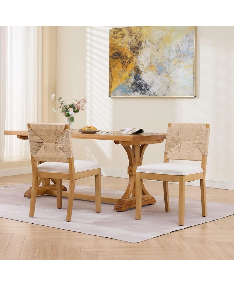 Maison Boucle Set of 2 Rope Rattan Dining Chairs with Wood Frame and Linen Seat