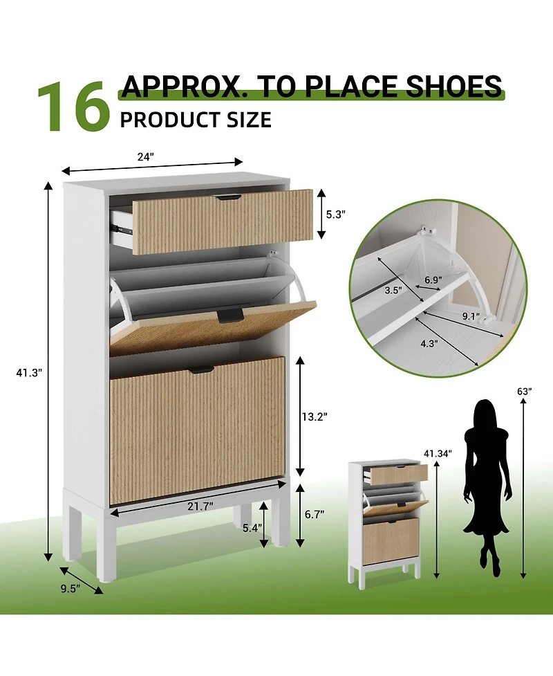 gaomon Shoe Storage Cabinet with 2 Flip Drawers & Large Drawer, Farmhouse Fluted Shoe Organizer with Metal Legs