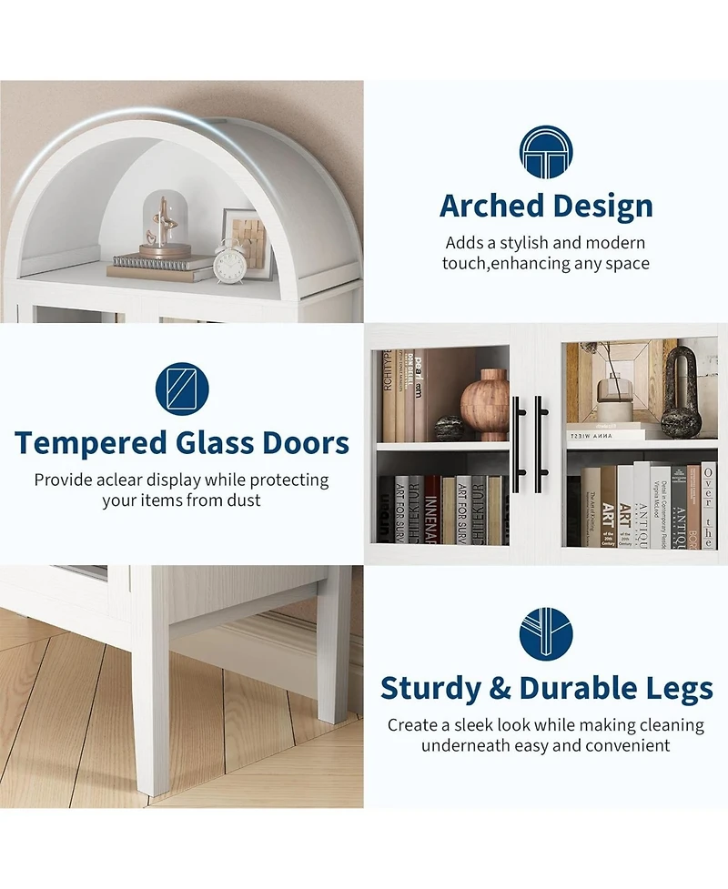 gaomon Tall Arched Kitchen Pantry Cabinet with Led Lights, Modern Wood Arched Bookshelf with Glass Doors & Adjustable Shelves, Elegant Display Cabinet