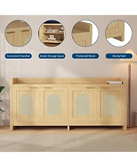 gaomon rattan Tv stand for 65'' TVs, mid century modern console with glass doors, storage cabinet, and 61.5'' table for living rooms.