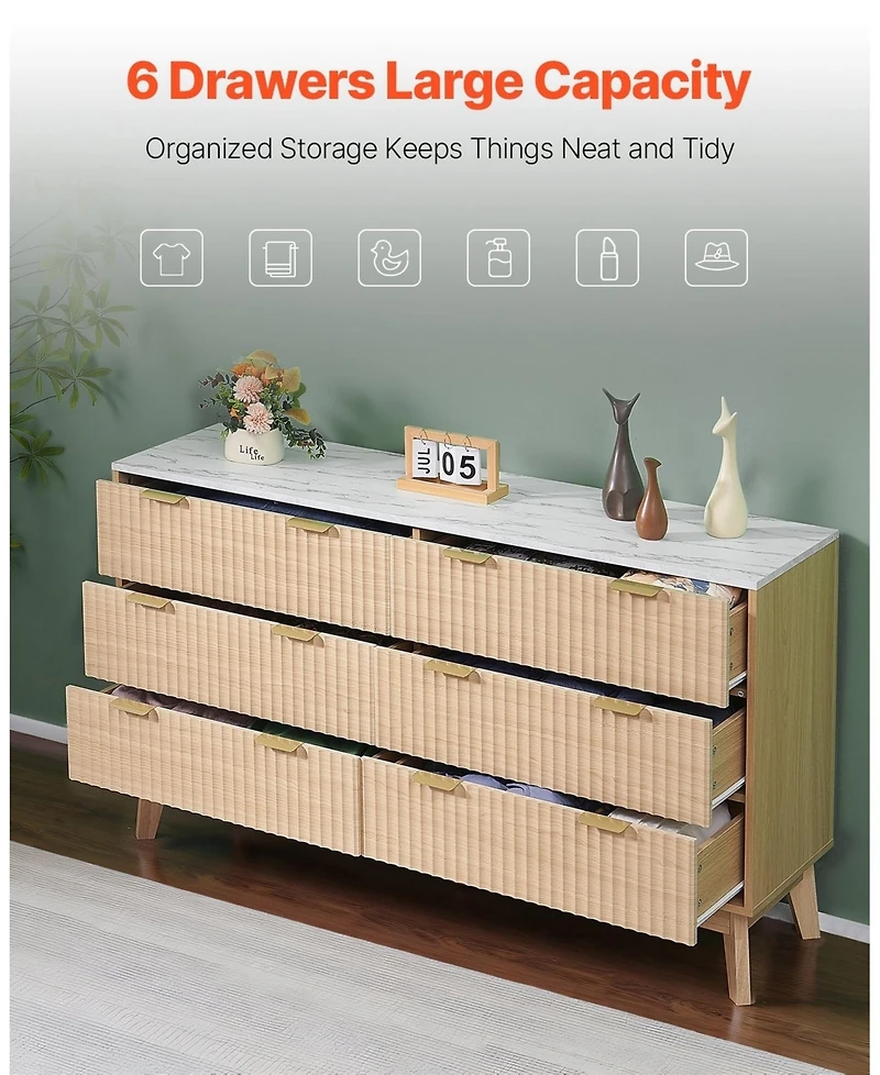 Gouun 6 Drawer Fluted Dresser with Spacious Storage for Bedroom and Entryway