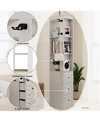 Rainsken 73" Tall Slim Storage Cabinet, 3-Tier Display Shelves with 3 Drawers and 2 Hooks, Mdf Bookshelf for Living Room, Home Office