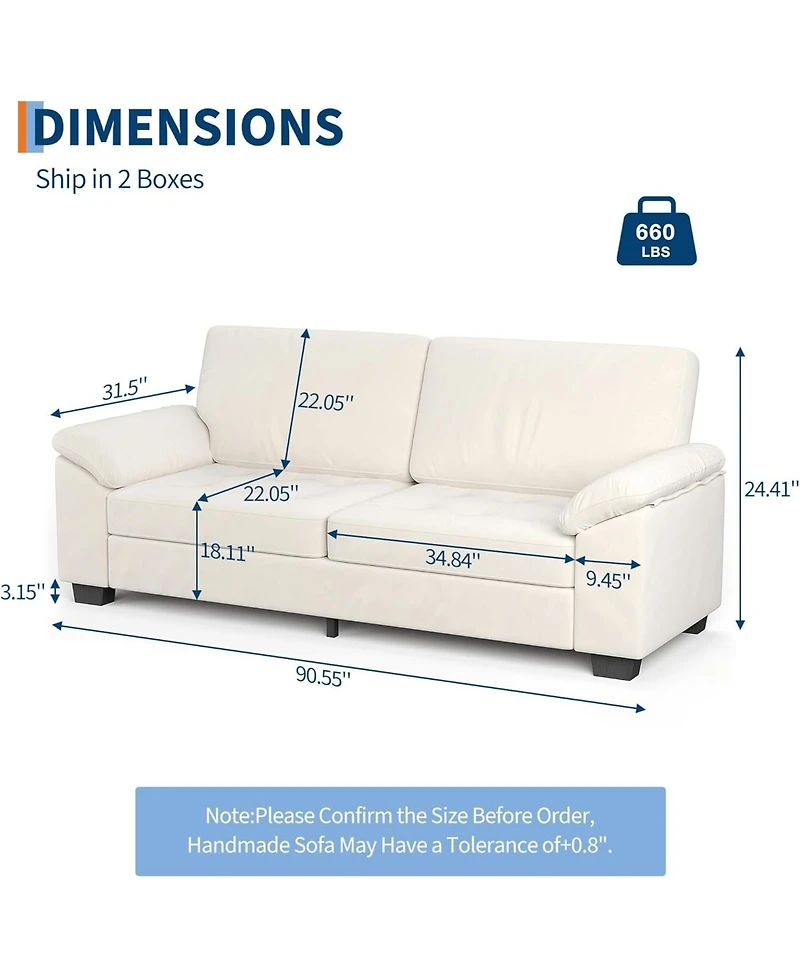 gaomon 90" Velvet 3-Seater Sofa, Oversized Loveseat with Wide Armrests