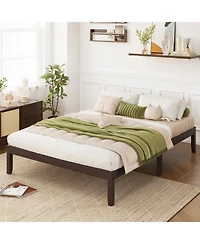 Sugift 82" Queen Size Wood Bed Frame with Wooden Slats Support and Rubber Wood Legs-Espresso