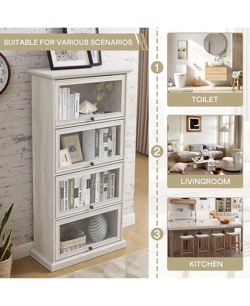 Rainsken Display Cabinet with 4 Flip up Glass Doors, 4-Tier Versatile Storage Organizer, Antique Bookcase for Office, Living Room