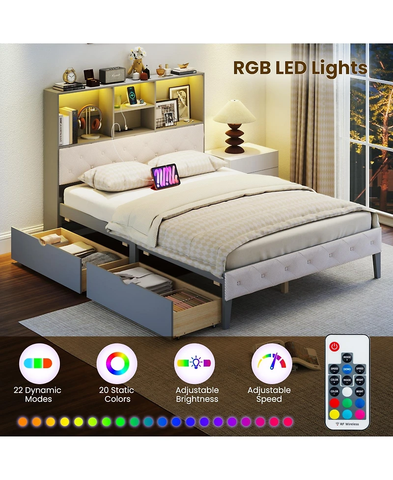 Sugift Full Size Bed Frame with Bookcase Headboard and Led Lights
