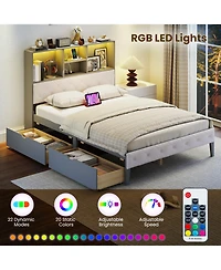 Sugift Full Size Bed Frame with Bookcase Headboard and Led Lights