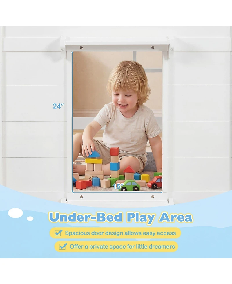 Sugift Wooden Low Kids Loft Bed with Led Lights and 2 Doors