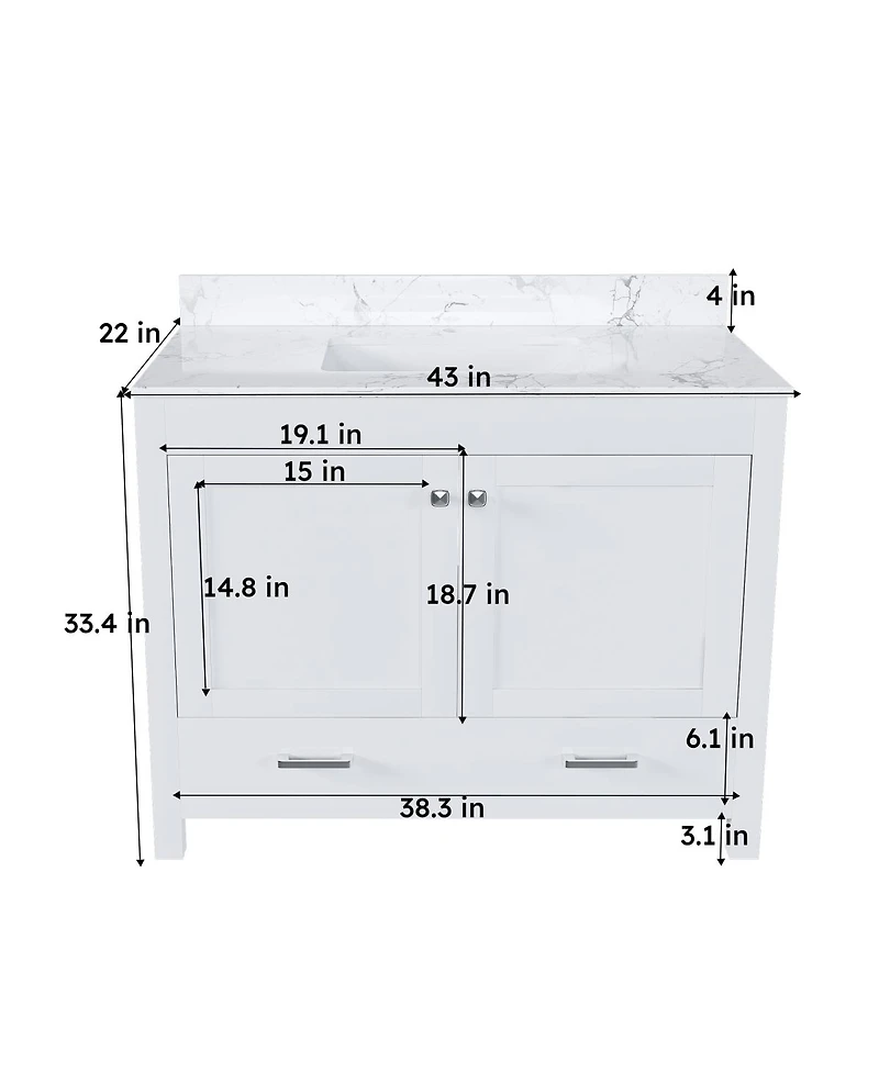 Sillysis 43" Bathroom Vanity with Artificial Marble Carrara Top, Multi-Functional Storage, Soft Close Drawer for Bathroom Remodel