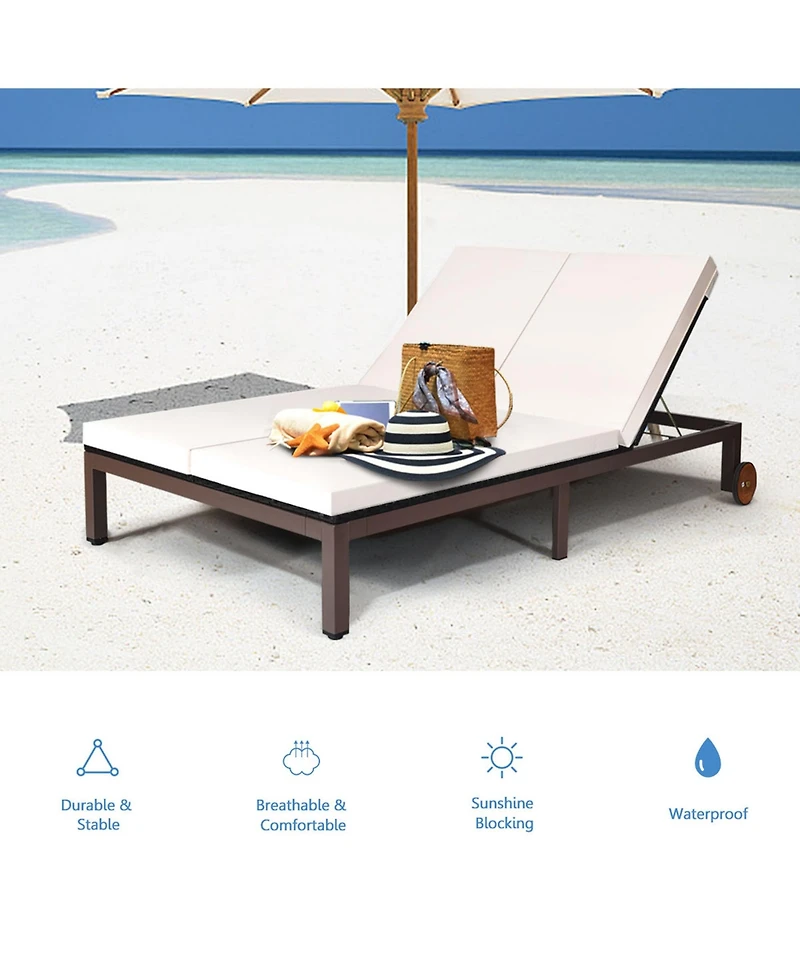 Gymax Adjustable Patio Rattan 2 Person Recliner Lounge Chair w/ Cushion Wheel