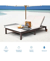 Gymax Adjustable Patio Rattan 2 Person Recliner Lounge Chair w/ Cushion Wheel