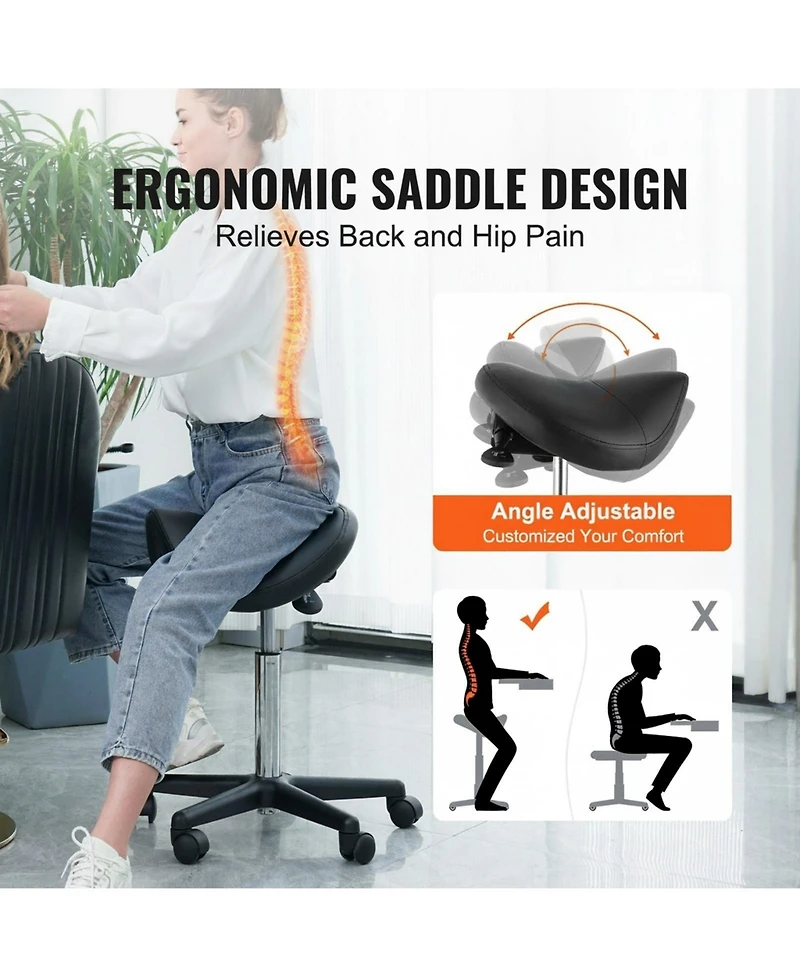 Gouun Adjustable Saddle Stool with Wheels 400 lb Capacity Swivel Pu Leather Salon Chair