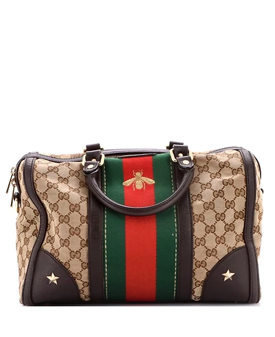 Pre-Owned Gucci Medium Vintage Bee Web Boston Bag Gg Canvas