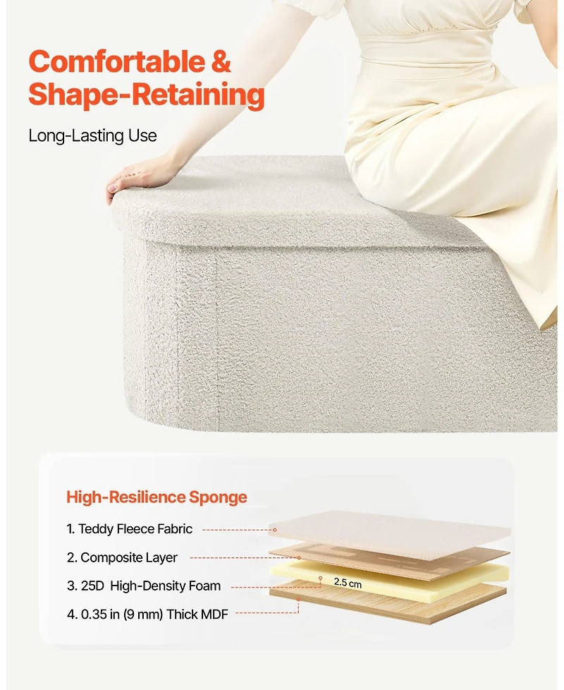 Gouun Oval Teddy Fleece Storage Ottoman Bench with Foldable Hidden Storage