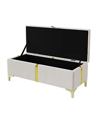 Rainsken Upholstered Storage Ottoman, Modern Storage Bench with Metal Legs and Golden Striping for Living Room, Bedroom