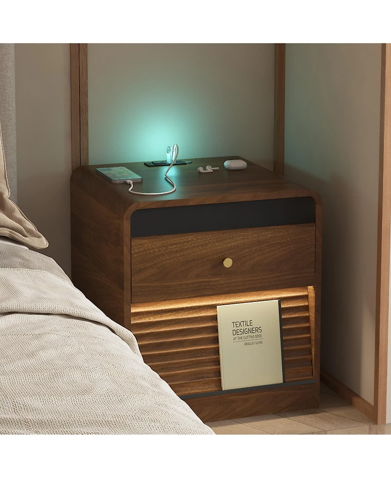Rainsken Smart Nightstand with Charging Station and Led Light, Modern Bedside Table with Storage Drawers for Bedroom