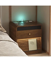 Rainsken Smart Nightstand with Charging Station and Led Light, Modern Bedside Table with Storage Drawers for Bedroom
