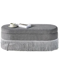 Rainsken Oval Storage Ottoman, Upholstered Footrest with Fringe Trim, Hidden Storage and Metal Frame for Living Room, Bedroom