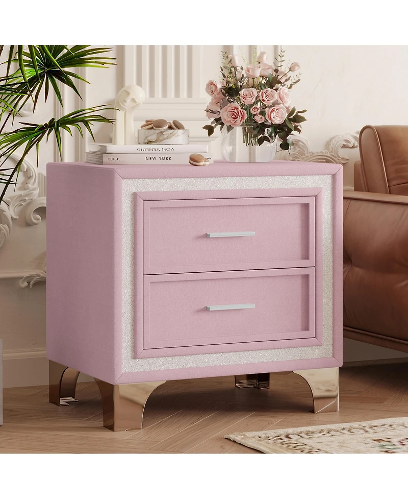 Rainsken 2 Drawers Nightstand with Silver Glitter Strip Decor and Metal Legs, Velvet Bedside Table End Table for Bedroom, Living Room