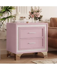 Rainsken 2 Drawers Nightstand with Silver Glitter Strip Decor and Metal Legs, Velvet Bedside Table End Table for Bedroom, Living Room