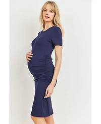 Hello Miz Maternity Casual Short Sleeve Crewneck Side Ruched T-Shirt Dress
