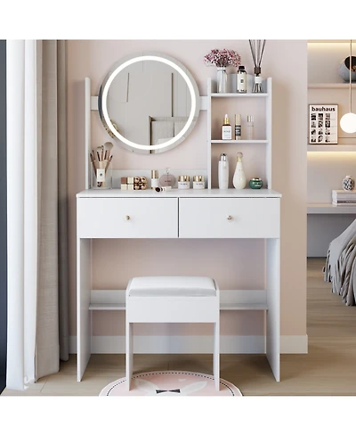 Rainsken 17" Round Led Mirror Vanity Desk Cushion Stool Suit, Dressing Table with 2 Drawers, 3 Open Shelves for Bedroom