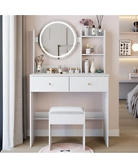 Rainsken 17" Round Led Mirror Vanity Desk Cushion Stool Suit, Dressing Table with 2 Drawers, 3 Open Shelves for Bedroom