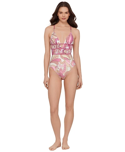 Steve Madden Women's Ruched Lace Back One-Piece Swimsuit