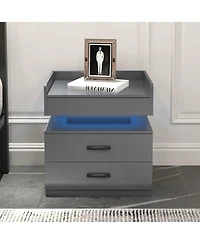 Rainsken Wood Nightstand with Adjustable Led Light Strip, Modern Bedside Table with 2 Drawers and Open Storage Compartment, Side End Table for Bedroom