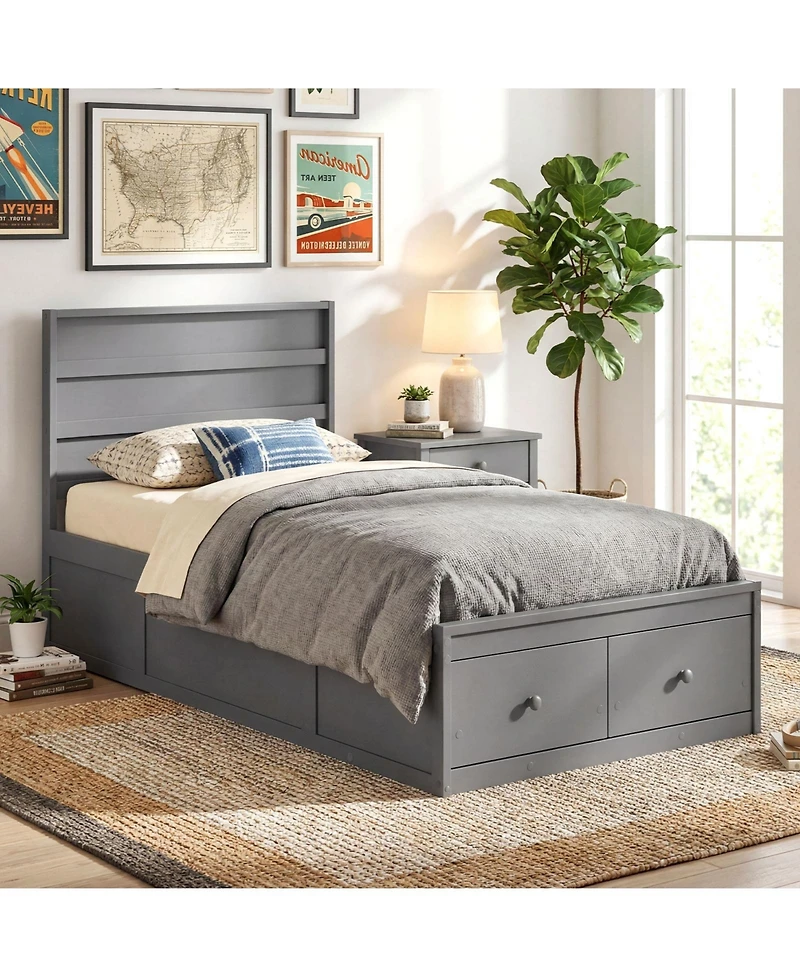 Gymax Twin Bed Frame w/Storage Drawers Headboard Wooden SlatandEnclosed Base