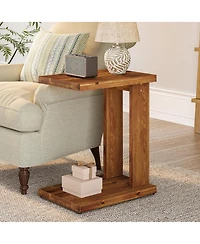 Rainsken Solid Wood C-Shaped Nightstand, Minimalist Bedside Table, 2-Tier End Table for Living Room, Bedroom