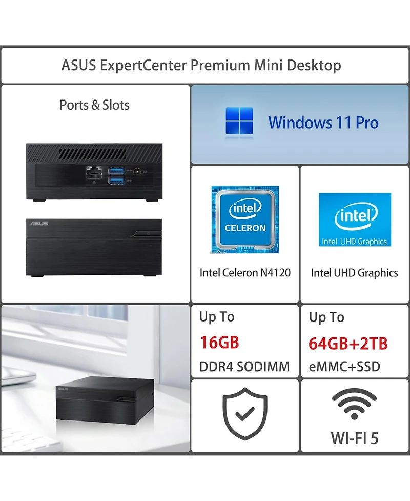 Asus ExpertCenter Mini Desktop Intel Celeron 12GB Ram Intel Uhd Graphics 64GB eMMC + 512GB Ssd Storage Windows 11 Pro
