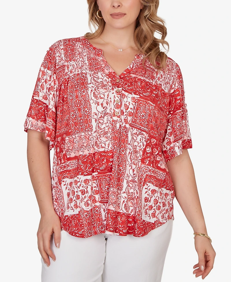 Ruby Rd. Plus Patchwork Bandana Henley T-Shirt