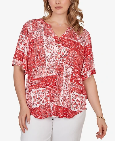 Ruby Rd. Plus Patchwork Bandana Henley T-Shirt