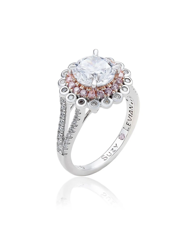 Suzy Levian New York Sterling Silver Cubic Zirconia Unique Double Halo Flower Proposal Ring