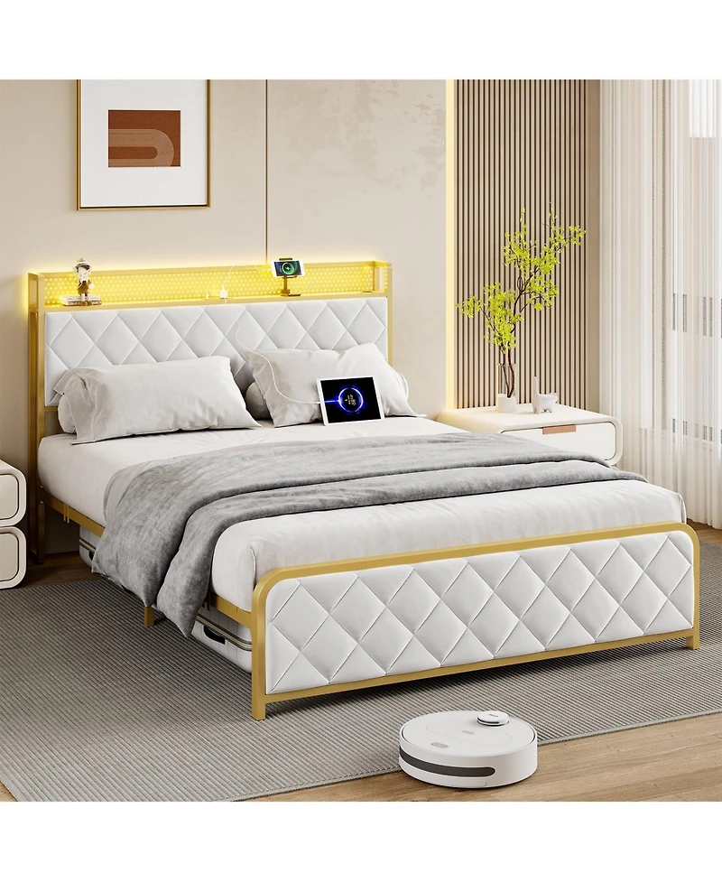 gaomon Platform Bed Frame with Led Light & Charging Station, Storage Headboard, Upholstered, Metal Slats, Noise Free, Easy Assembly