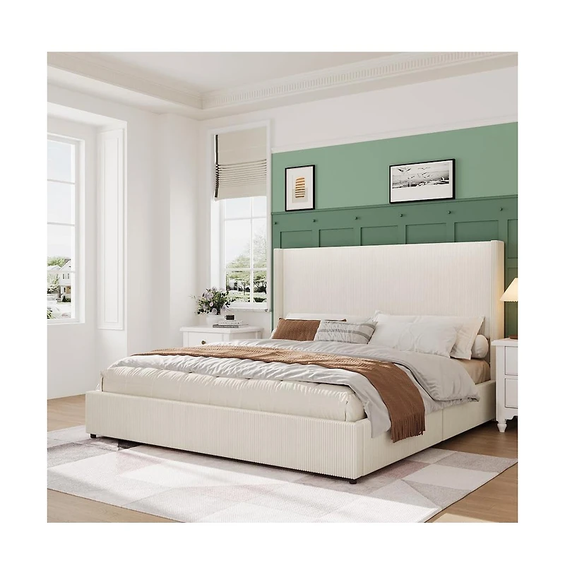 gaomon Upholstered Platform Bed Frame with Storage Drawers, Easy Assembly, Corduroy Wingback with Headboard and Footboard