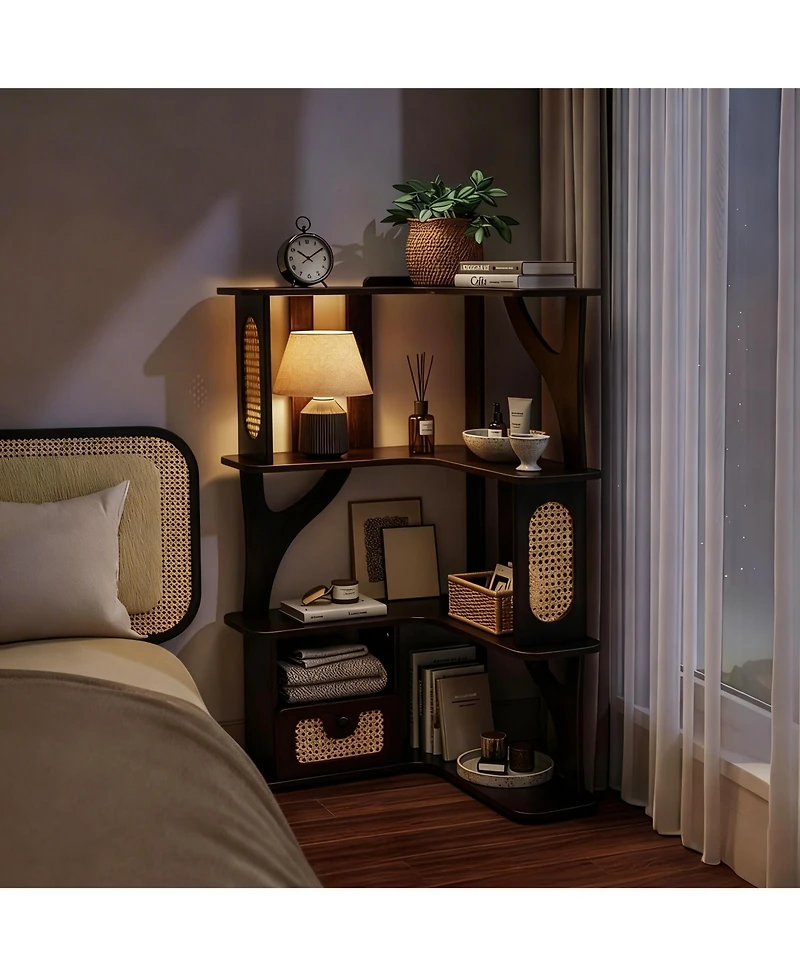 Yigii Rubber Wood Corner Shelf 4-Tier Bookshelf with Drawer Rattan Display Stand