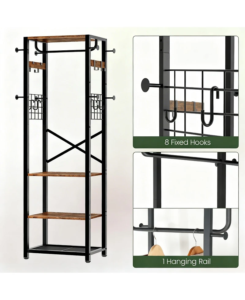 Yigii Coat Rack Freestanding Hall Tree Hanging Rail Shelves Industrial Entryway