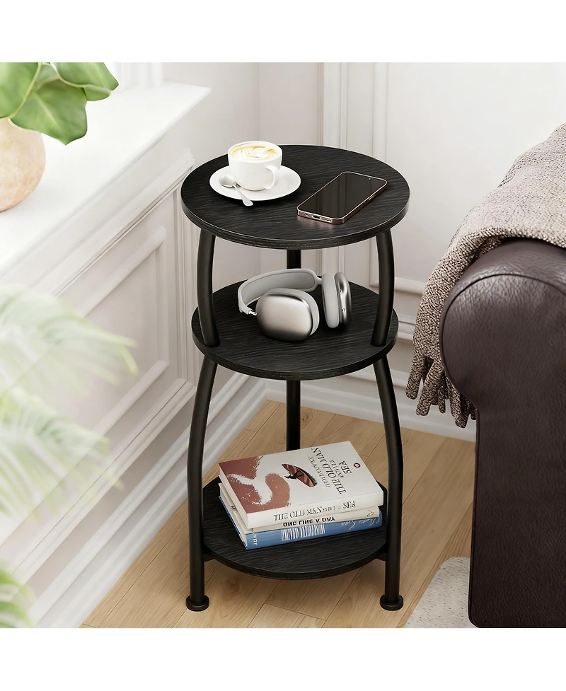 Yigii Small Round Side Table 3-Tier Storage Shelf Slim Sofa Nightstand