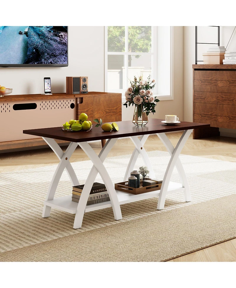 Sugift 40 Inch Farmhouse Wooden 2-Tier Coffee Table with Storage Shelf for Living Room