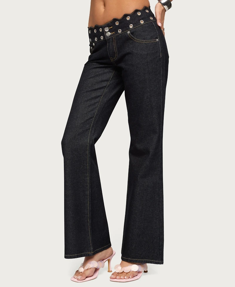 Edikted Women's Scalloped Grommet Low Rise Bootcut Jeans